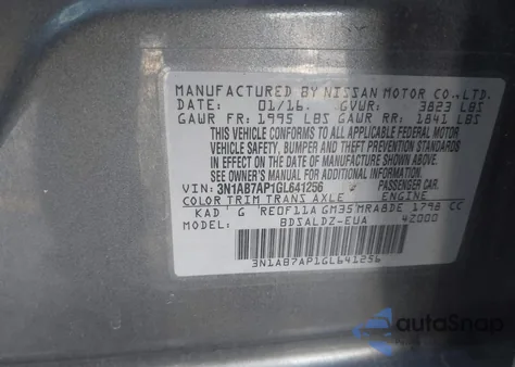 2016 Nissan Sentra Fe+ S/S/Sl/Sr/Sv z USA, uszkodzony, nr VIN 3N1AB7AP1GL641256